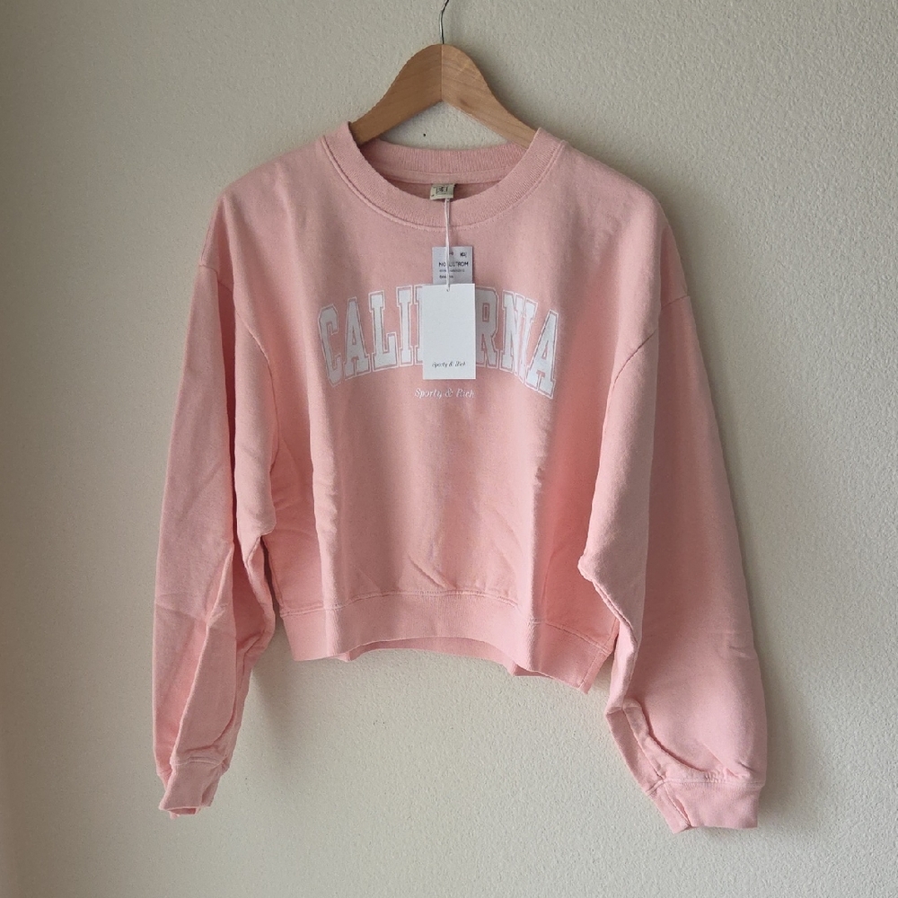 Sporty & Rich California Crewneck Crop Sweatshirt Ballet Pink & White NEW Cotton